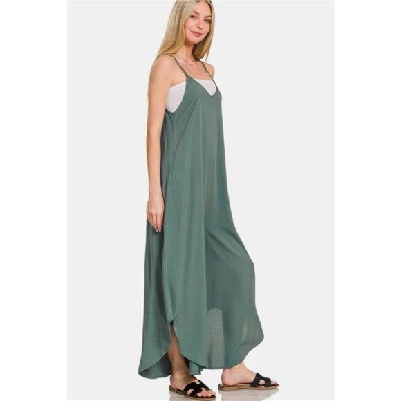 Zenana Sleeveless Curved Hem Wide Leg Overalls with Pockets - Picture 2 of 3